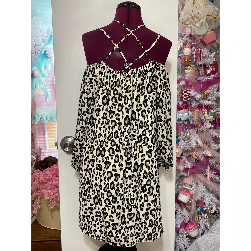Entro Cold Shoulder Leopard Print Dress Women Large Tan Black Good Strappy Back